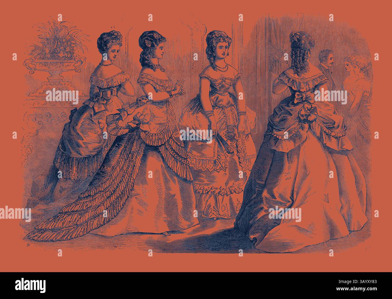 Un groupe de femmes élégamment habillées présente un éventail de la mode du XIXe siècle, avec des détails complexes et des silhouettes élégantes, sur fond orné. Chaque figure reflète la grandeur et la sophistication de l'époque avec leurs robes et accessoires élaborés. Paris Fashions pour juin 1869 France Art classique avec une touche moderne réinventée par Artotop Banque D'Images