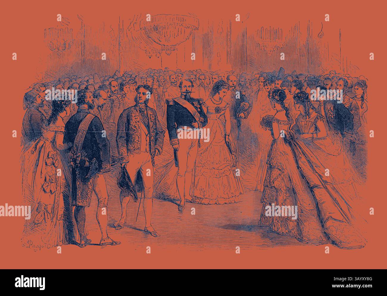 Une salle de bal élégante remplie de personnages élégamment habillés, mettant en vedette un rassemblement social animé d'une époque révolue, mettant en valeur des modes complexes et des coiffures élaborées. Un bal d'État aux Tuileries : présentations à l'Empereur et à l'Impératrice avant le bal Paris France 1869 Art classique avec une touche moderne réinventée par Artotop Banque D'Images