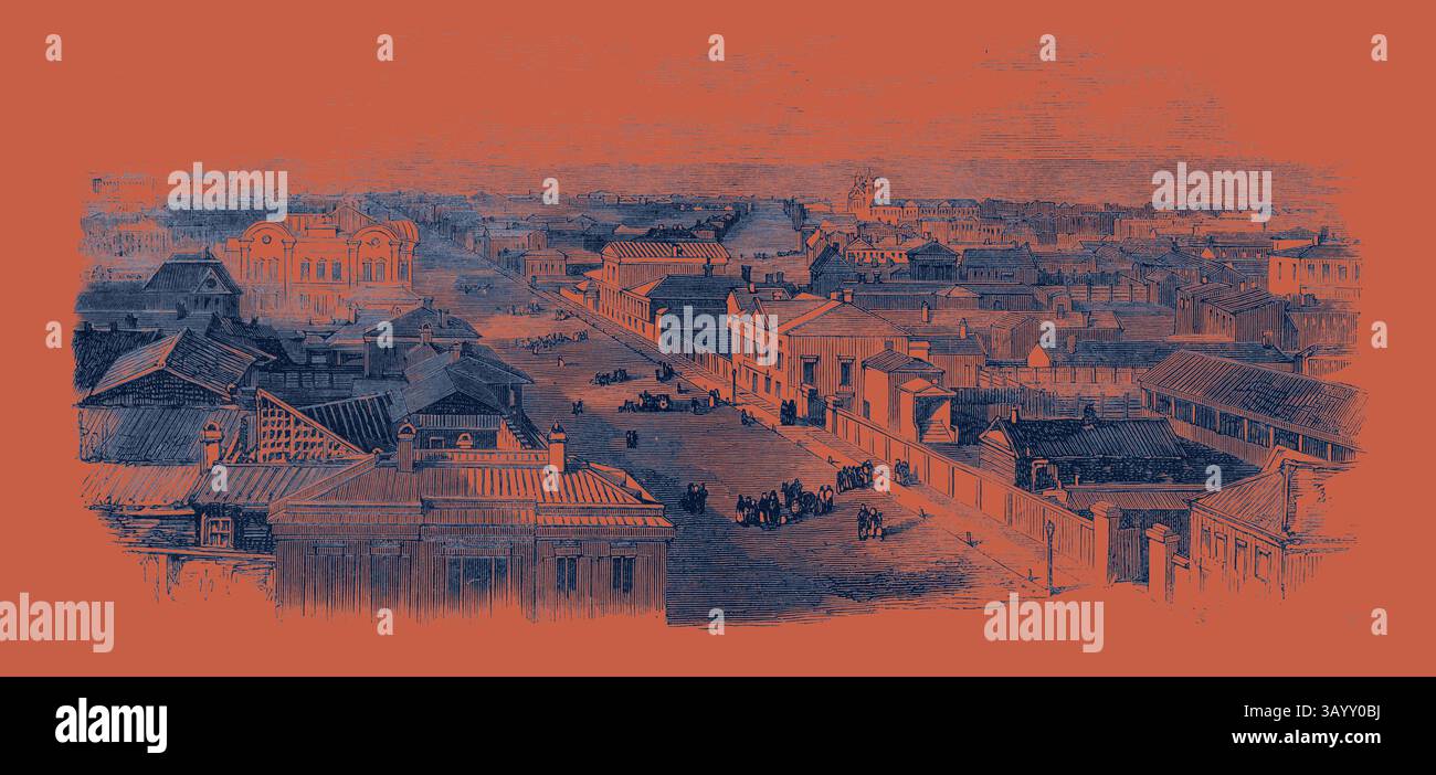 Un paysage urbain animé avec une rue bordée de divers bâtiments, présentant des détails architecturaux et une activité animée, sur un fond chaleureux et contrasté. La rue principale d'Irkoutsk Sibérie 1869 Art classique avec une touche moderne réinventée par Artotop Banque D'Images