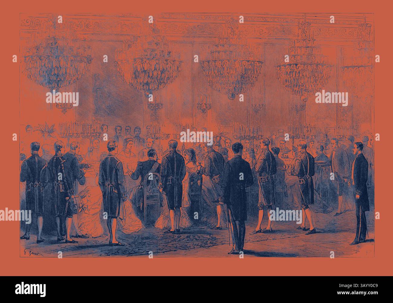 Une scène de banquet grandiose se déroule, avec des invités élégamment habillés se mêlant sous des lustres ornés. L'atmosphère est animée, avec un mélange de conversation et de rire tandis que les participants profitent d'un festin somptueux, mettant en valeur un moment de raffinement social et de célébration. Un banquet d'État aux Tuileries Paris France 1869 Art classique avec une touche moderne réinventée par Artotop Banque D'Images