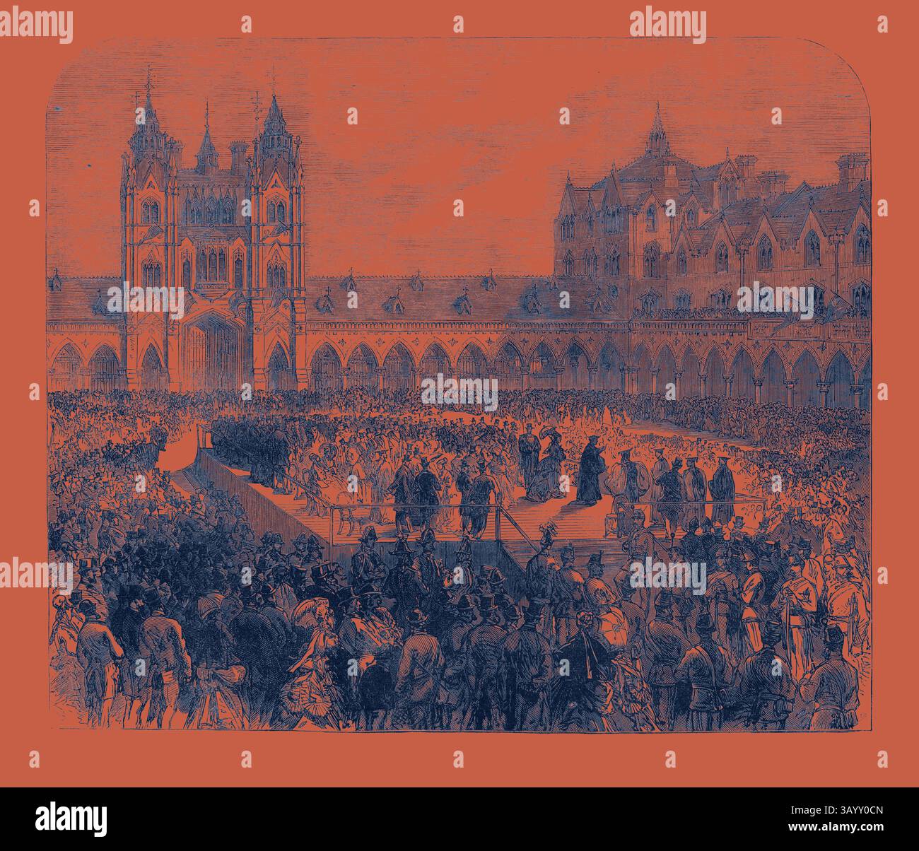 Une grande foule se rassemble dans une grande cour, où les dignitaires se tiennent sur une plate-forme surélevée lors d'une cérémonie importante, entourée d'une architecture ornée et de bâtiments historiques. La scène capture un moment de célébration et de formalité, avec les participants vêtus de vêtements d'époque, créant un sentiment de communauté et d'importance. L'ouverture de Columbia Market : l'archevêque de Canterbury parlant Royaume-Uni 1869 Art classique avec une touche moderne réinventé par Artotop Banque D'Images