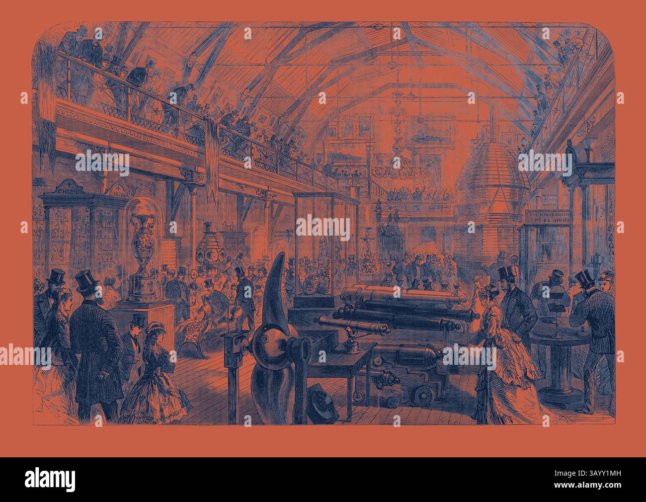 Une salle d'exposition industrielle animée remplie de visiteurs élégamment habillés, présentant diverses machines et innovations de l'époque. Les participants s'engagent dans la conversation tout en examinant les machines à vapeur et autres affichages, entourés d'éléments décoratifs élaborés. Exposition industrielle du South Staffordshire à Wolverhampton UK 1869 Art classique avec une touche moderne réinventé par Artotop Banque D'Images