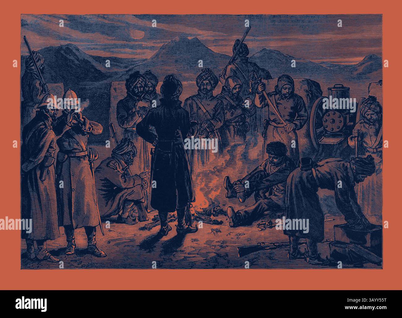 Un groupe de soldats et de personnalités locales se rassemblent autour d'un feu de camp, engagés dans des conversations et diverses activités, sur fond de montagnes lointaines sous un ciel crépusculaire. La guerre afghane : défense de la position britannique à Sherpore Cabul : le bastion de Gatling Gun sur Dec. 23 se préparant à repousser l'attaque du Ghazis 1880 art classique avec une touche moderne réinventée par Artotop Banque D'Images