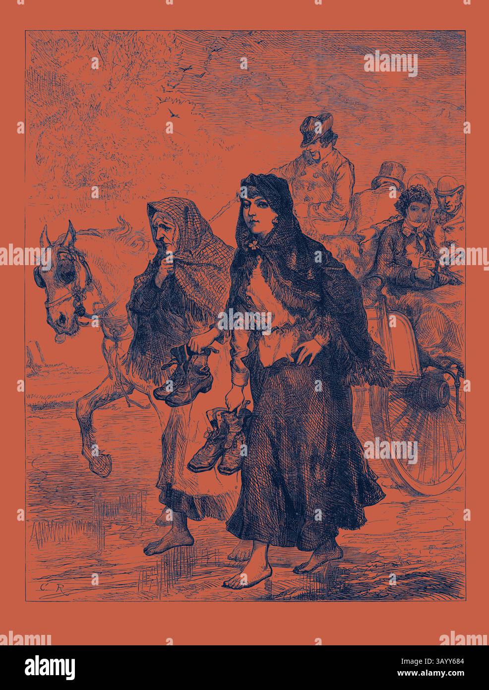 Deux femmes, vêtues de longues jupes et de châles, marchent pieds nus le long d'une route, chacune tenant une paire de chaussures. Une femme apparaît profondément dans la pensée, tandis que l'autre regarde vers l'avant. En arrière-plan, une calèche tirée par des chevaux et plusieurs figures sont visibles, créant une scène de la vie quotidienne. Irlande : Going to Church 1880 Art classique avec une touche moderne réinventé par Artotop Banque D'Images