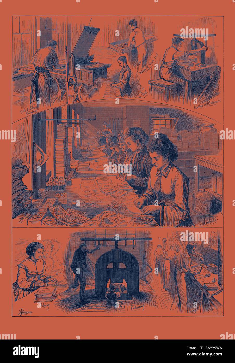 Une compilation d'illustrations représentant des femmes engagées dans diverses étapes de l'impression et de la reliure, mettant en valeur leur savoir-faire dans un atelier. Les scènes mettent en évidence la diligence et les compétences impliquées dans le processus d'impression, avec des tâches telles que la composition, la reliure et l'inspection de la qualité. La fabrication de Valentines 1874 Art classique avec une touche moderne réinventée par Artotop Banque D'Images
