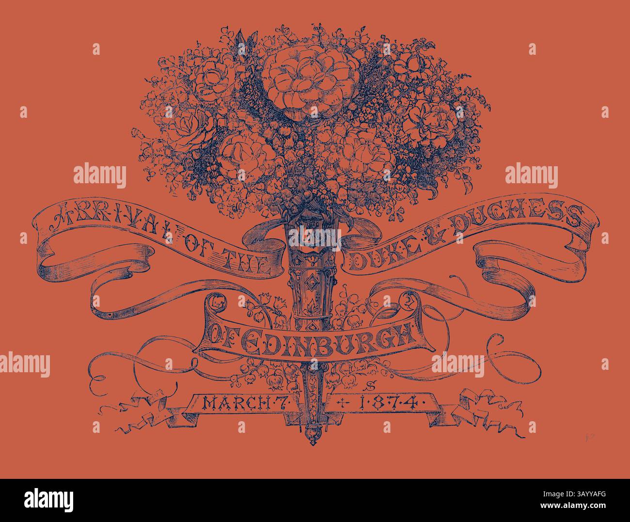 Un arrangement floral orné est élégamment exposé, entrelacé de rubans décoratifs. La conception commémore l'arrivée du duc et de la duchesse d'Édimbourg le 7 mars 1874, mettant en valeur des détails complexes et un thème historique. Arrivée du duc et de la duchesse d'Édimbourg 1874 Art classique avec une touche moderne réinventée par Artotop Banque D'Images