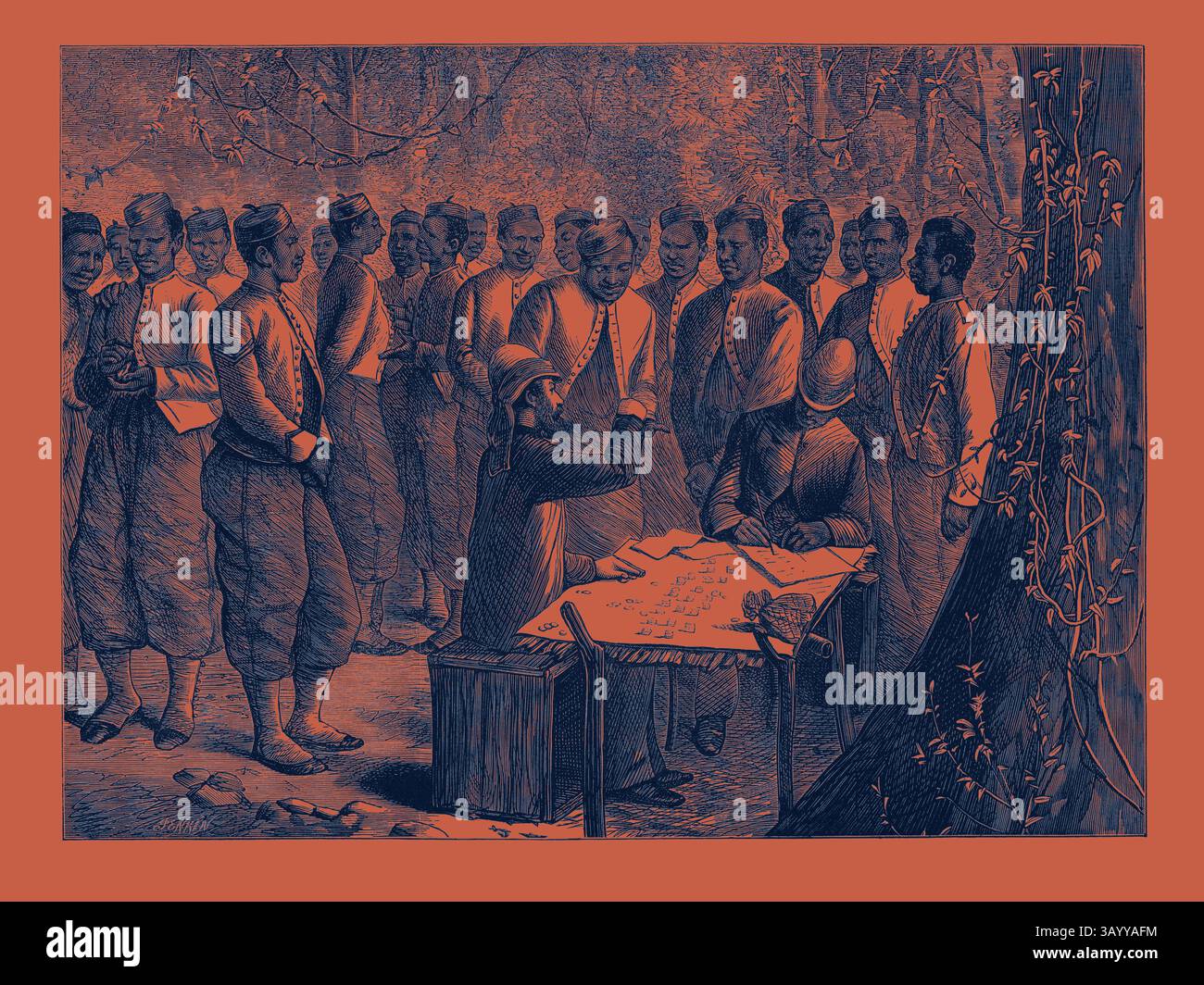 Un groupe d'individus se tient attentif autour de deux personnages assis à une table, engagés dans ce qui semble être une discussion ou un processus de prise de décision. Le cadre suggère un rassemblement communautaire dans un environnement naturel, avec des arbres en arrière-plan et un sentiment de but commun parmi les spectateurs. The Ashantee War : Paying a West India Regiment 1874 Art classique avec une touche moderne réinventée par Artotop Banque D'Images