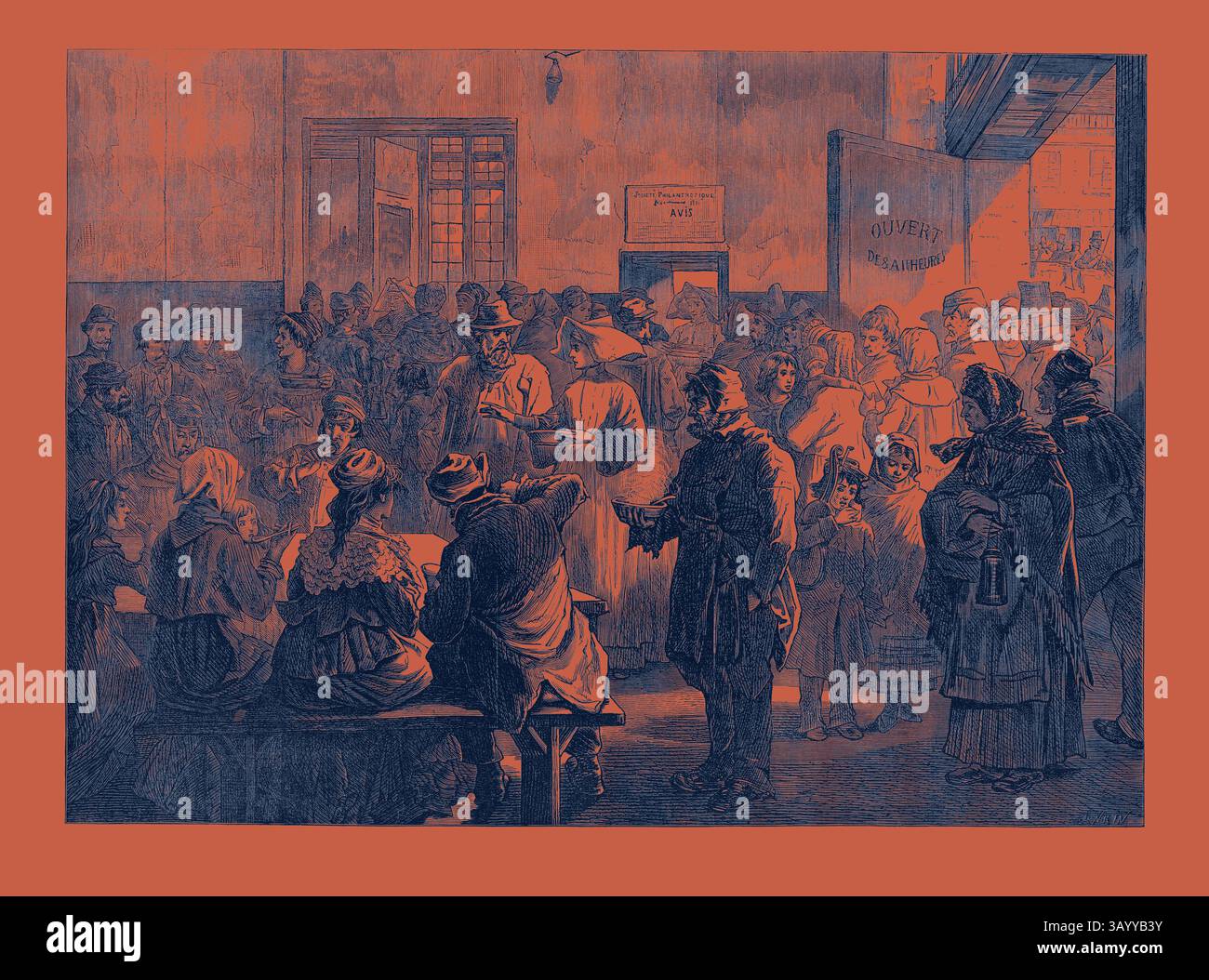 Une scène animée remplit un espace commun, où divers groupes de personnes se rassemblent. Hommes et femmes s'engagent dans la conversation, tandis que les enfants jouent à proximité. L'atmosphère bourdonne d'énergie et d'interaction, mettant en évidence un moment de communauté et de connexion. The Distress in Paris : donner de la soupe aux pauvres à la Charity Kitchen Rue de Sevres 1874 Art classique avec une touche moderne réinventée par Artotop Banque D'Images