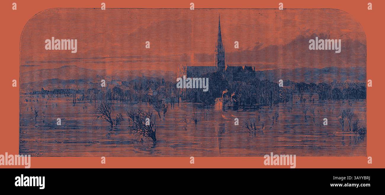 Un paysage serein présente un clocher d'église s'élevant au-dessus d'une zone tranquille et touchée par les inondations, entouré d'arbres partiellement immergés dans l'eau, suggérant une scène calme mais évocatrice de l'interaction de la nature avec les structures humaines. La ville de Salisbury lors des récentes inondations, 1852 Art classique avec une touche moderne réinventé par Artotop Banque D'Images