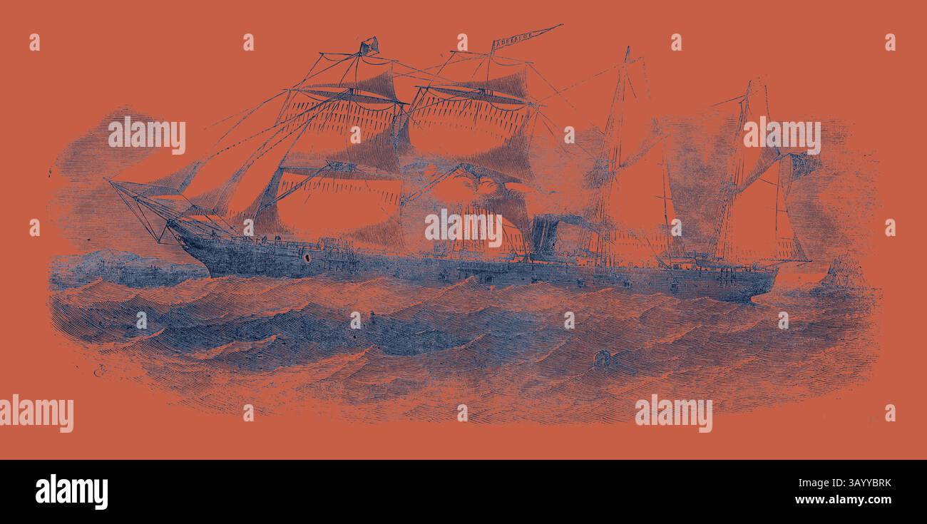 Une représentation détaillée d'un navire d'époque naviguant dans des eaux agitées, présentant des voiles complexes et un drapeau flottant dans le vent. Le navire, avec une coque et un mât distincts, incarne l'esprit maritime de son époque. Le New Screw Steamship 'Adelaide' Art classique avec une touche moderne réinventée par Artotop Banque D'Images