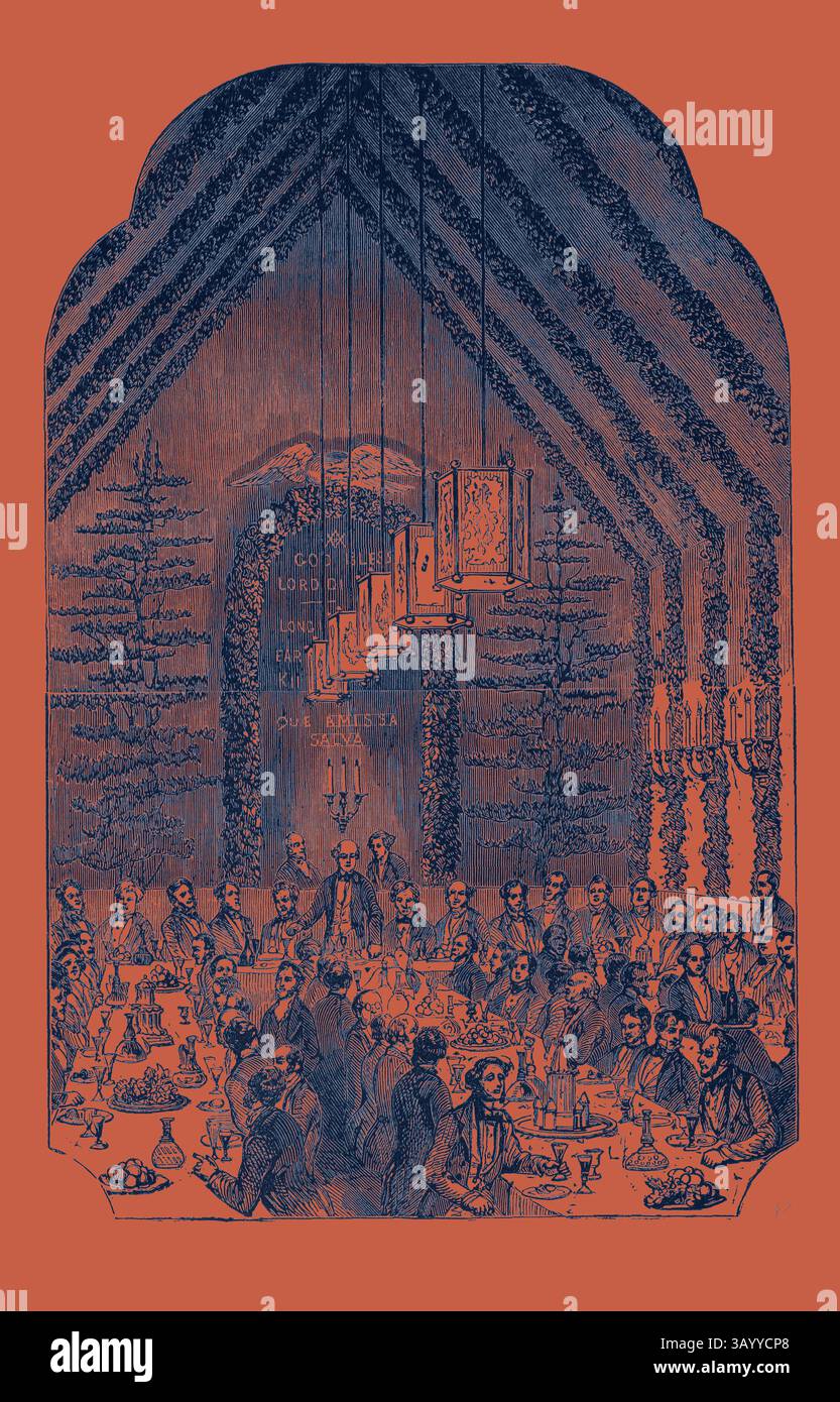 Une scène de banquet grandiose remplie d'invités élégamment habillés assis à des tables somptueuses, mettant en vedette une salle somptueusement décorée ornée de lustres et de détails complexes, créant une atmosphère de fête et de sophistication. Festival à Inglismaldie, pour célébrer la naissance de Lord Inverbury, 1852 Art classique avec une touche de modernité réinventé par Artotop Banque D'Images