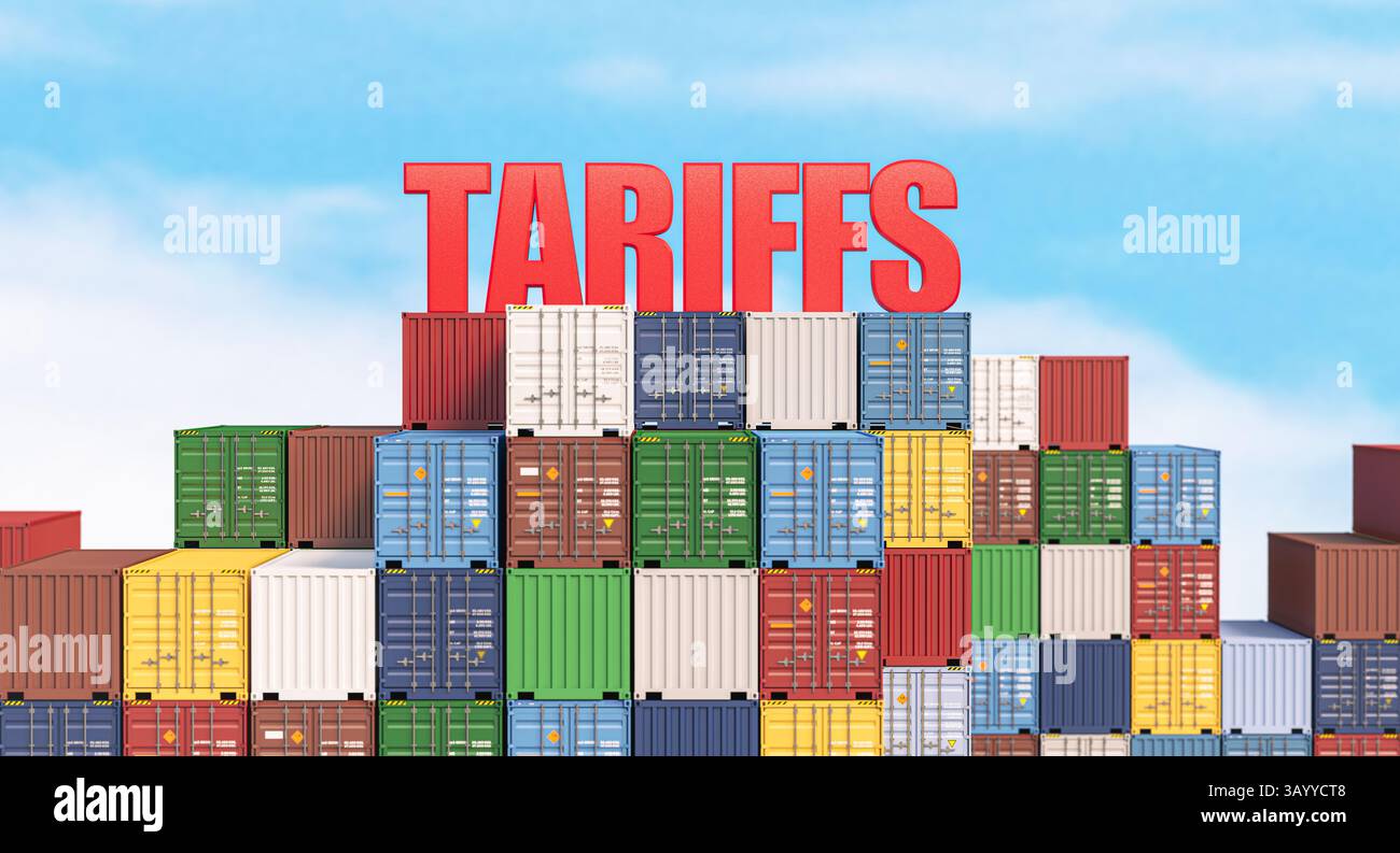Tarifs en augmentation, conteneurs intermodaux empilés 3d fond Banque D'Images