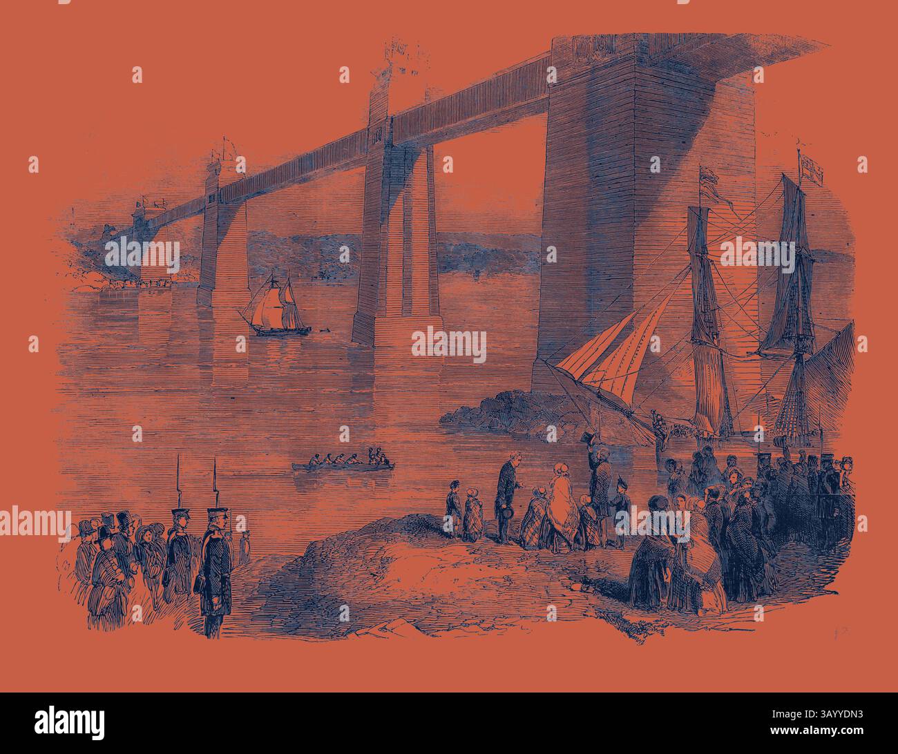 Une scène animée avec un grand pont enjambant un plan d'eau, avec des navires naviguant sous lui. Sur le rivage, une foule se rassemble, présentant un mélange de personnages élégamment habillés et de petits bateaux. La toile de fond met en valeur l'architecture impressionnante du pont et laisse entrevoir une atmosphère maritime animée. Visite de sa Majesté au pont tubulaire Britannia, 1852 Art classique avec une touche moderne réinventé par Artotop Banque D'Images