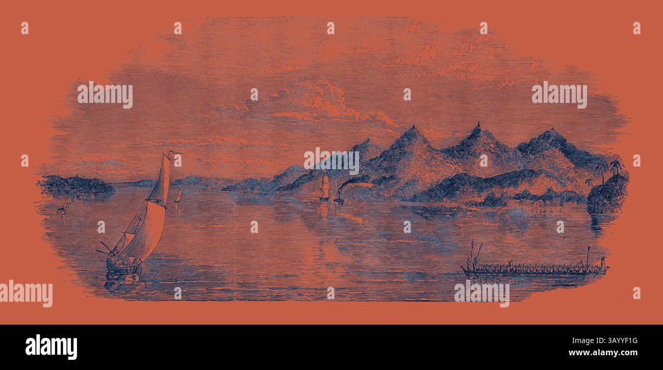 Un paysage serein avec un plan d'eau calme avec plusieurs voiliers au premier plan, entouré de montagnes majestueuses et un ciel nuageux en arrière-plan. La scène transmet un sentiment de tranquillité et d'aventure. Yenbenzeik, vu de Prome, Burmah Classic art avec une touche moderne réinventée par Artotop Banque D'Images