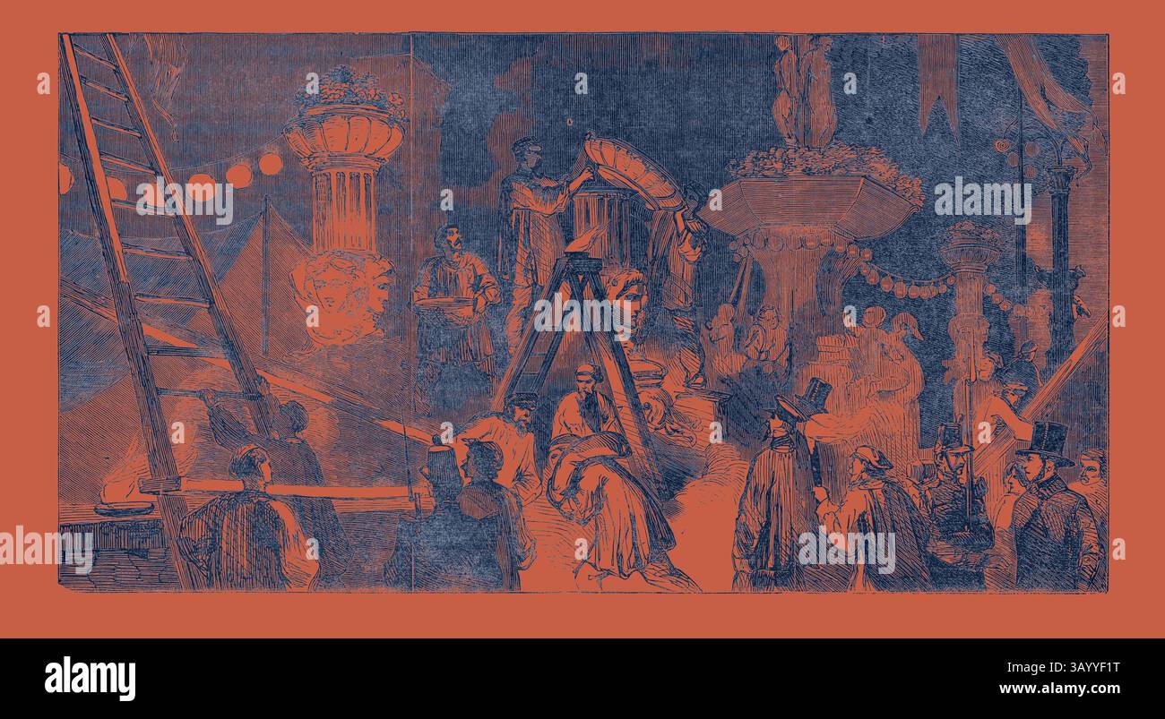 Une scène animée représentant une grande production théâtrale, avec des interprètes, des décorations élaborées et des ouvriers préparant la scène. L'atmosphère est remplie d'anticipation tandis que les personnes en tenue formelle s'engagent dans diverses activités au milieu de pièces imposantes et de détails ornés. Préparatifs pour les Fêtes à Paris, 1852 Art classique avec une touche moderne réinventé par Artotop Banque D'Images