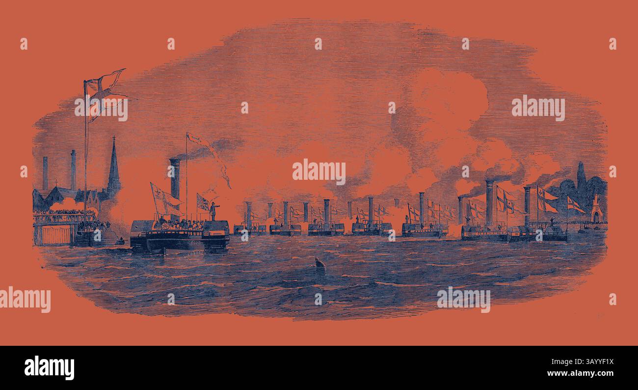 Une scène animée de bateaux à vapeur naviguant sur une rivière, ornés de drapeaux et émettant des panaches de fumée, reflète un moment vibrant de l'histoire maritime. En arrière-plan, des bâtiments et des cheminées s'élèvent, laissant entrevoir un paysage industriel. Les navires de la City Steamboat Company. Art classique avec une touche moderne réinventé par Artotop Banque D'Images