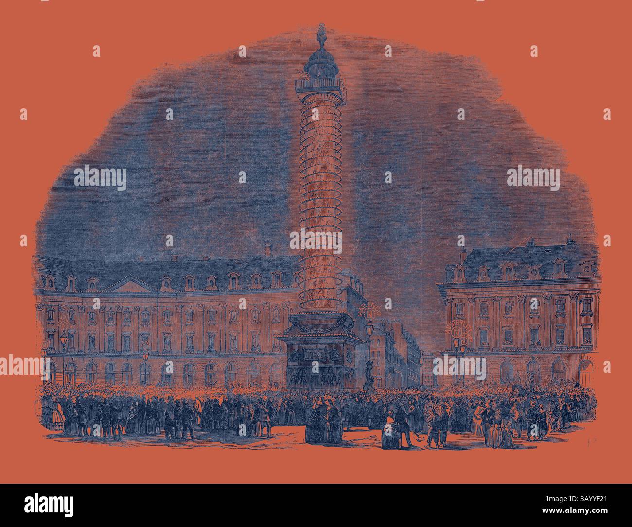 Une scène animée sur une place importante de la ville, avec une haute colonne entourée de foules et de bâtiments historiques, évoquant un sentiment de communauté et de grandeur architecturale. La colonne de la place Vendôme, illuminée, 1852 Art classique avec une touche moderne réinventée par Artotop Banque D'Images