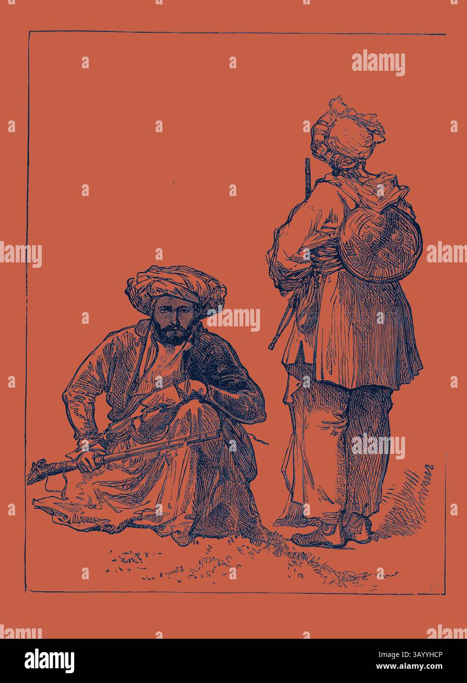 Deux personnages en tenue traditionnelle, l'un accroupi avec une arme à la main tandis que l'autre se tient dos tourné, mettant en valeur des vêtements et accessoires culturels distincts. La scène capture un moment d’interaction tranquille, évoquant des thèmes d’histoire et de patrimoine. La guerre afghane : Ghilzai Warriors 1879 Art classique avec une touche moderne réinventée par Artotop Banque D'Images
