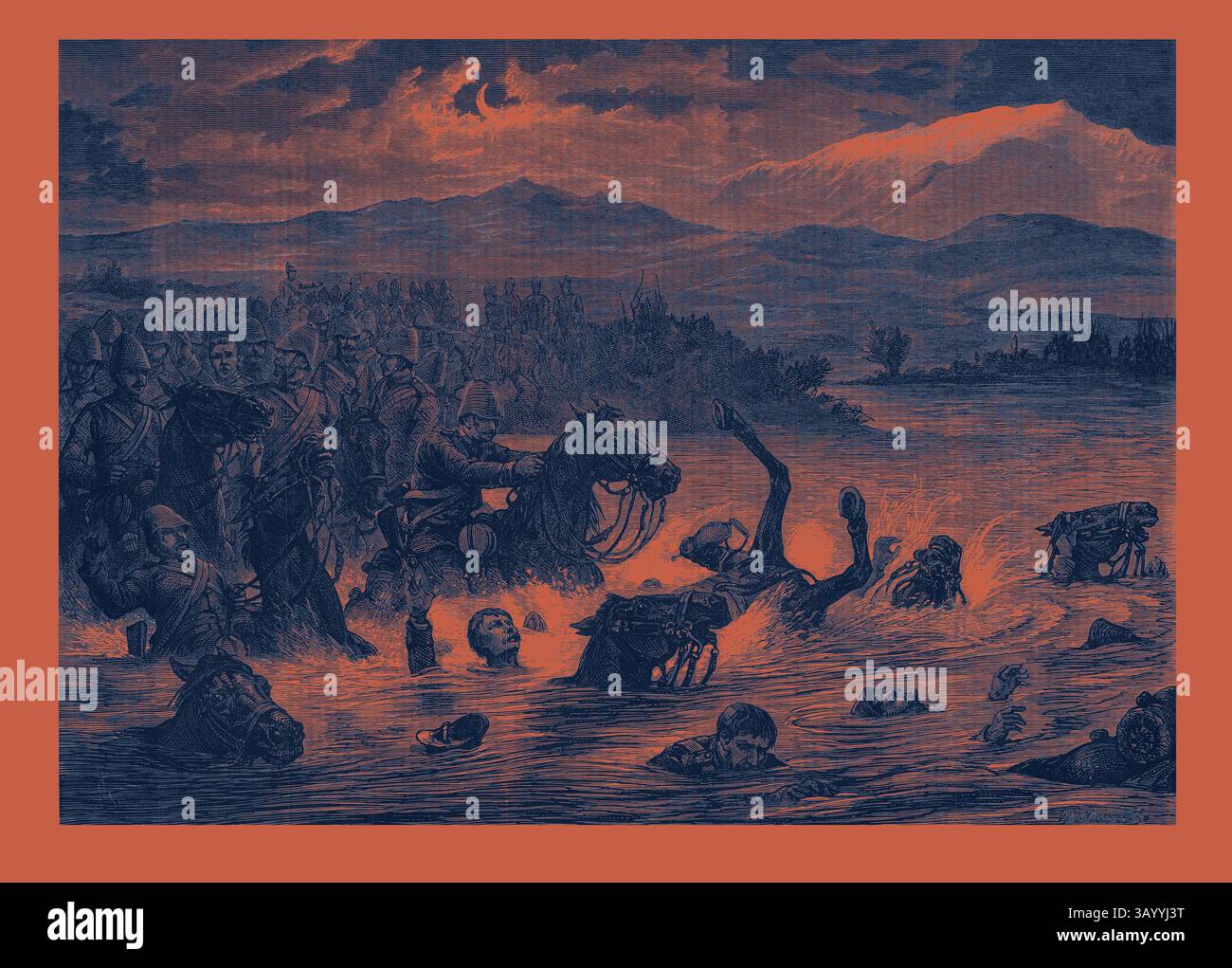 Une scène dramatique se déroule alors que des soldats à cheval regardent une rivière tumultueuse où les individus luttent contre l'eau. La toile de fond présente un horizon montagneux sous un ciel turbulent, soulignant le sentiment de chaos et de désespoir dans le moment. La guerre afghane : le désastre du 10e Hussards dans la rivière Cabul 1879 Art classique avec une touche moderne réinventé par Artotop Banque D'Images