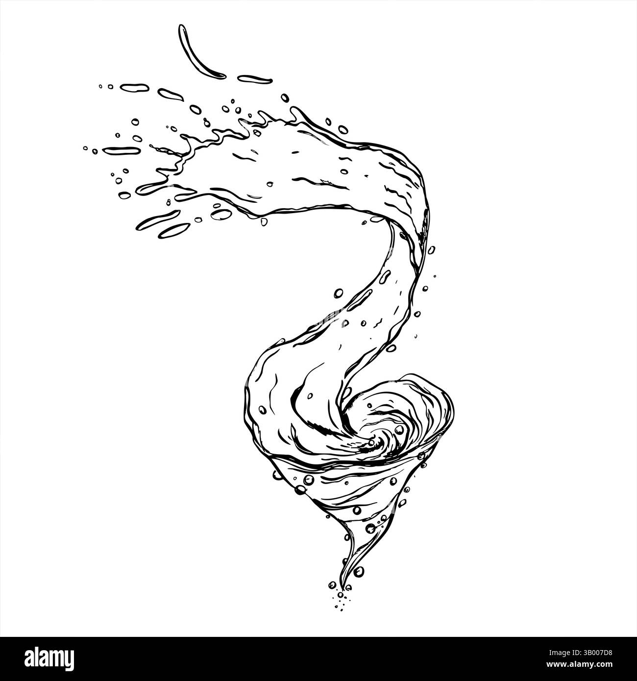 Illustration vectorielle monochrome dynamique de tornade d'eau avec des éclaboussures peintes par des encres noires. Le mouvement tourbillonnant mélange les lignes fluides et les gouttelettes énergétiques Illustration de Vecteur