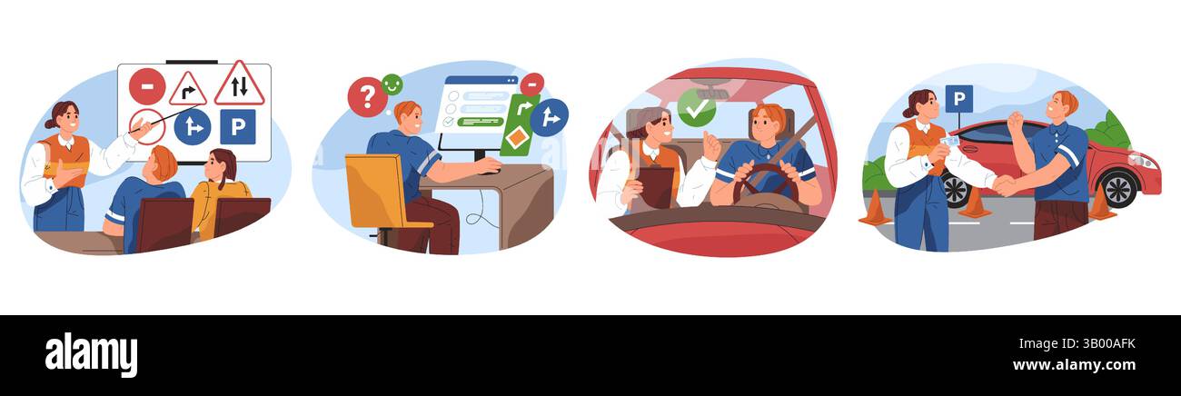 Ensemble d'affiche vectorielle pour l'école de conduite. Test et leçon de conducteur, éducation à la signalisation routière, formation pratique. Examen des règles de circulation par les étudiants en véhicule Illustration de Vecteur