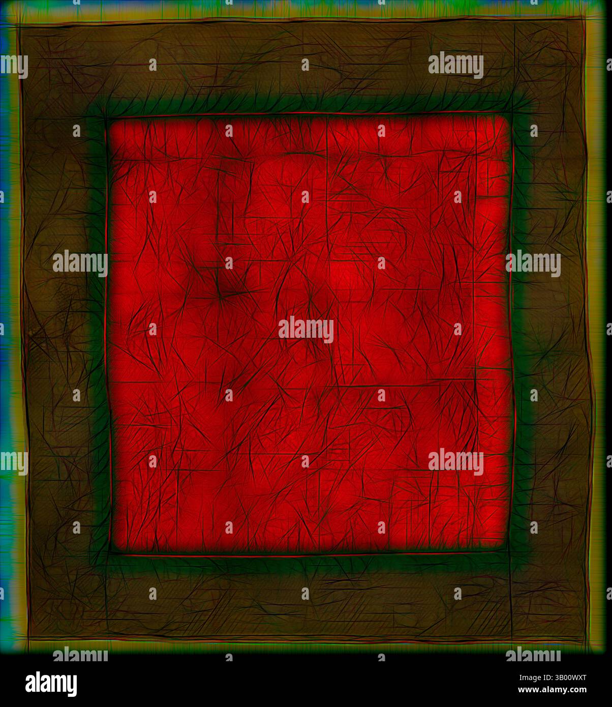 Un carré rouge profond est encadré par une bordure complexe de tons terreux, avec des lignes texturées et des motifs qui ajoutent de la profondeur et de l'intérêt visuel. La combinaison crée un contraste saisissant qui invite à la contemplation., art classique avec une touche moderne réinventée par Artotop Banque D'Images