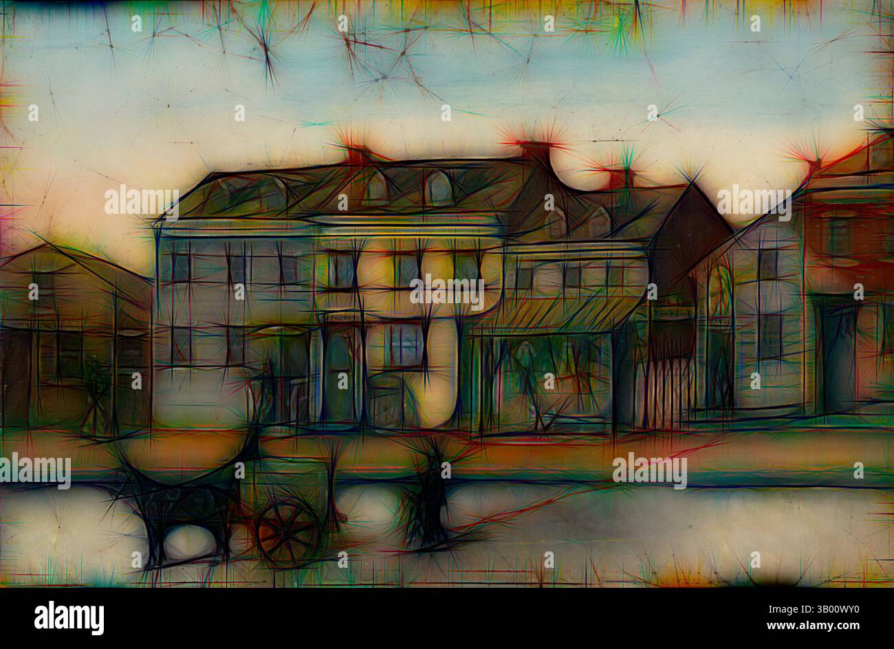 Une représentation vibrante et abstraite d'un paysage de rue pittoresque avec divers bâtiments, caractérisés par des lignes complexes et des couleurs vives qui évoquent un sens de flair artistique et de mouvement., Art classique avec une touche moderne réinventée par Artotop Banque D'Images