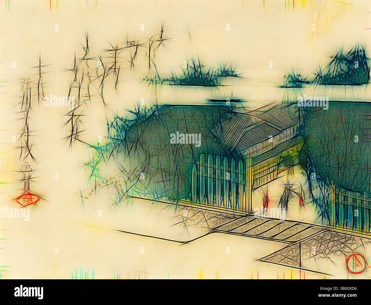 Une scène fantaisiste représentant une entrée fermée entourée de feuillage texturé, avec des notes de motifs abstraits et de couleurs vibrantes qui s'entrelacent ludique avec le paysage., art classique avec une touche moderne réinventée par Artotop Banque D'Images