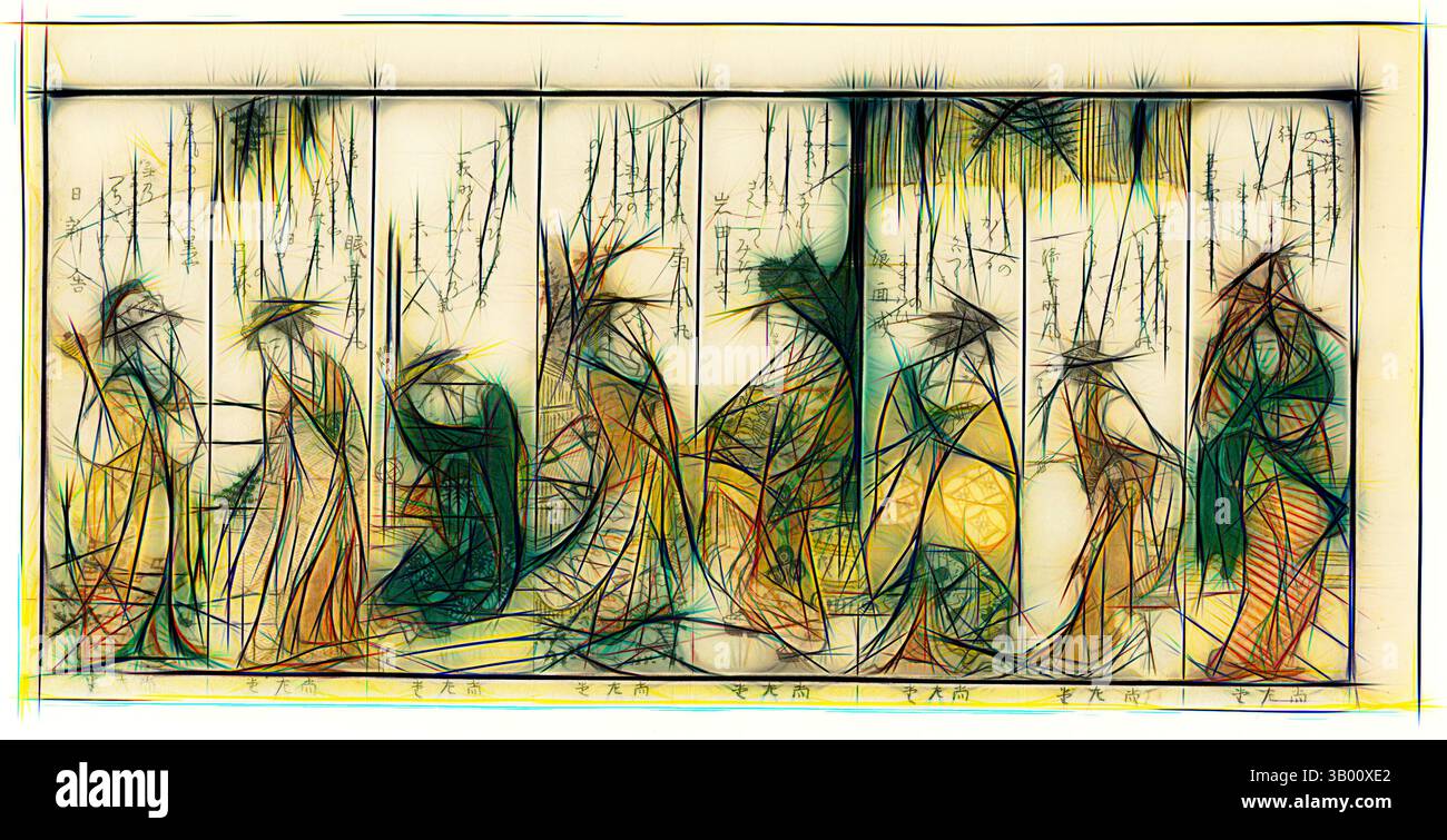 Une scène stylisée représentant un groupe de personnages en tenue traditionnelle engagés dans la conversation ou l'activité, entouré de motifs abstraits et de coups de pinceau subtils qui évoquent un sens de signification historique ou culturelle., Art classique avec une touche moderne réinventée par Artotop Banque D'Images