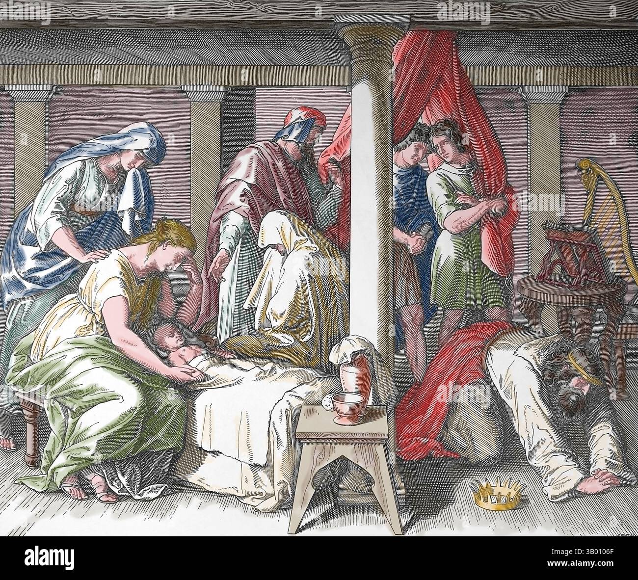 Bible. Dieu punit David et le fils de Bathsheba . 2e Livre de Samuel. Illustration par J. Schnorr von Carolsfeld. 'The Picture Bible', 1852-60. Banque D'Images