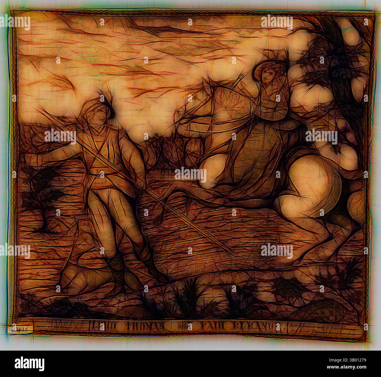 Une figure à cheval approche un individu debout dans un paysage serein et boisé, caractérisé par des lignes fluides et des textures complexes qui évoquent un sentiment de mouvement et d'émotion., Art classique avec une touche moderne réinventé par Artotop Banque D'Images