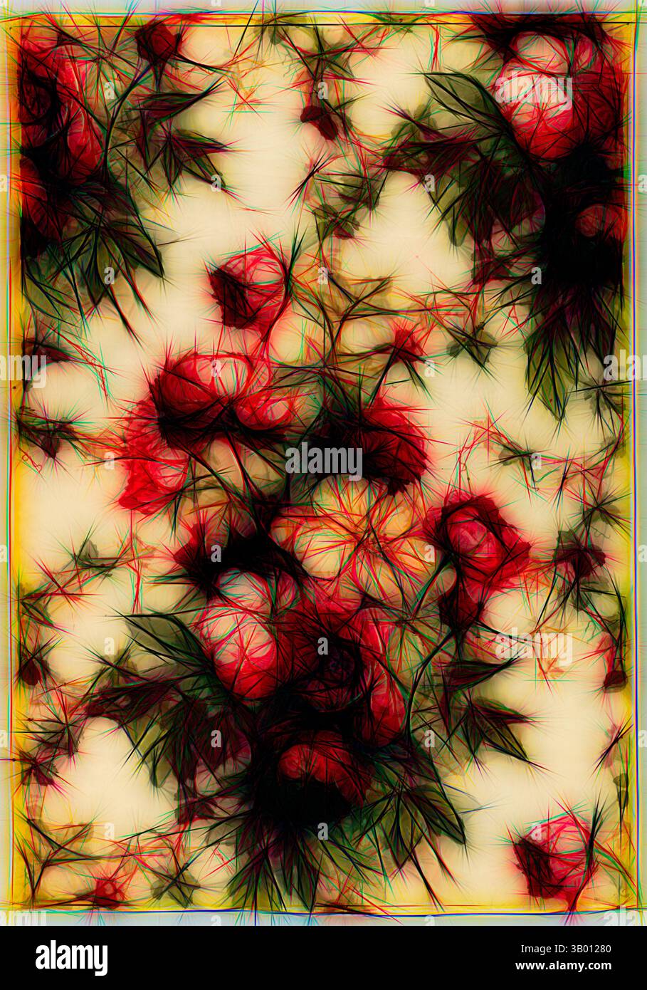 Un éventail vibrant de fleurs stylisées éclate de couleur, leurs formes complexes entrelacées avec des feuilles délicates, créant un affichage dynamique et artistique., Art classique avec une touche moderne réinventé par Artotop Banque D'Images