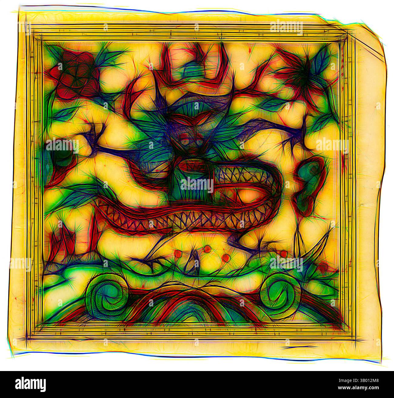 Une représentation vibrante d'un dragon mythique entrelacé avec des motifs floraux complexes, mettant en valeur un mélange de couleurs audacieuses et de motifs tourbillonnants qui suggèrent le mouvement et l'énergie., art classique avec une touche moderne réinventée par Artotop Banque D'Images