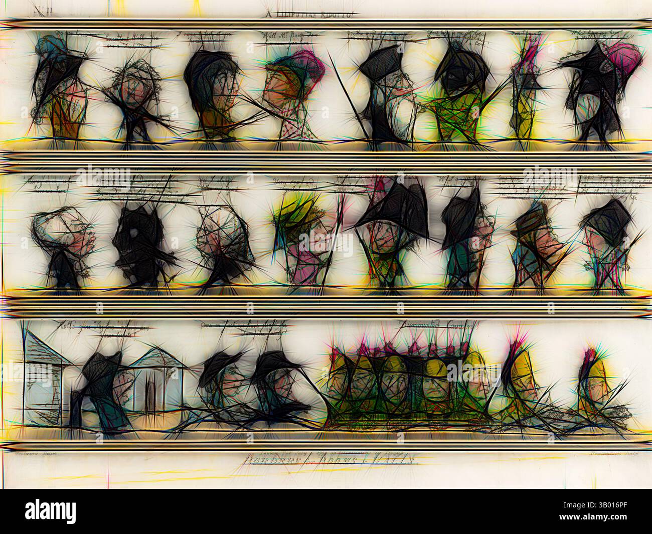 Une série de figures abstraites ornées de parapluies, chacune engagée dans diverses poses et interactions, sur une toile de fond qui comprend des silhouettes de bâtiments. La scène transmet un sentiment de mouvement et d'émotion à travers des lignes dynamiques et des motifs vibrants., Art classique avec une touche moderne réinventée par Artotop Banque D'Images