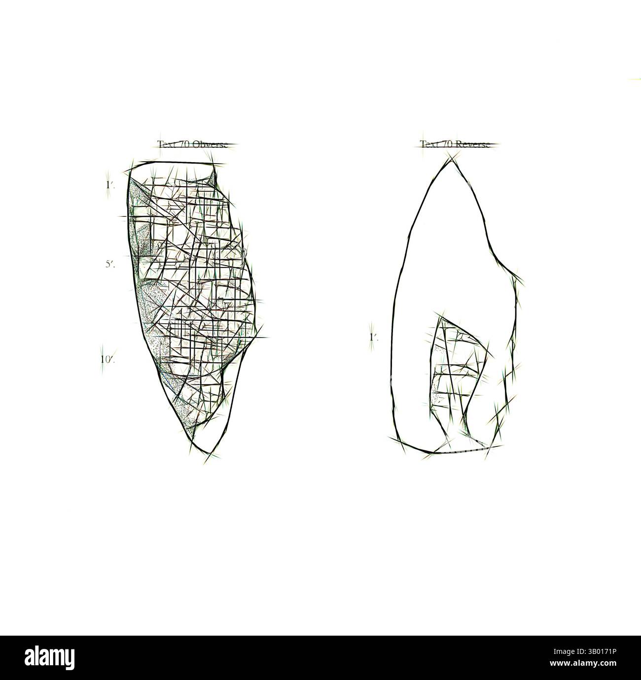 Une représentation artistique détaillée de deux formes distinctes, caractérisées chacune par un travail au trait complexe et des motifs géométriques. La forme de gauche présente un réseau plus complexe, tandis que la forme de droite présente un design plus simple et rationalisé. Les deux sont étiquetés avec des marquages de mesure, suggérant un accent sur la structure et le design., Art classique avec une touche moderne réinventée par Artotop Banque D'Images
