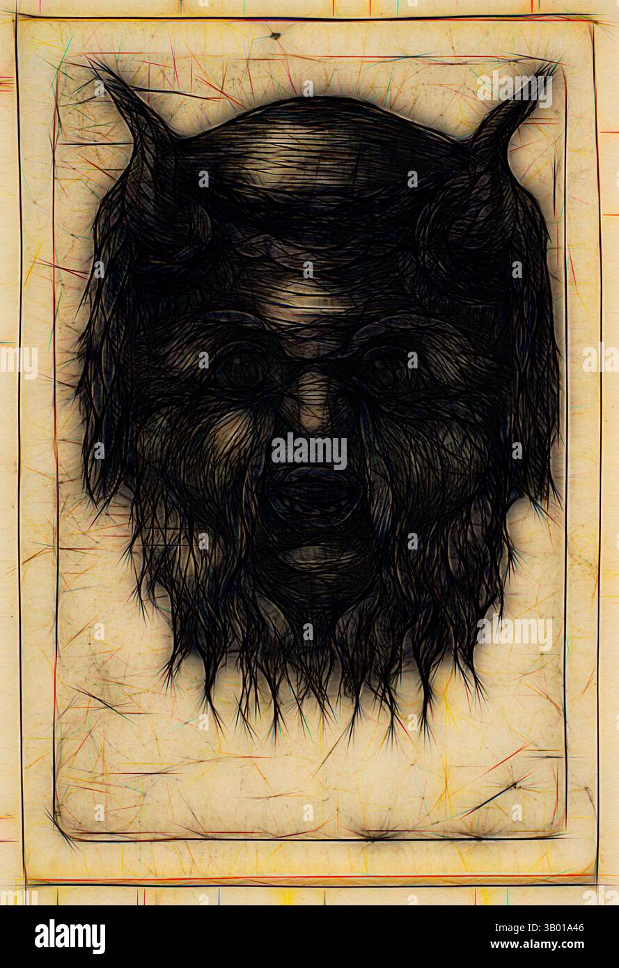 Une créature mystique avec des cornes proéminentes et une crinière sauvage, encadrée par des lignes complexes qui renforcent son expression féroce, évoque un sens de la mythologie ancienne ou du folklore. L'arrière-plan présente des textures subtiles qui contrastent avec les détails audacieux des caractéristiques de la créature., Art classique avec une touche moderne réinventée par Artotop Banque D'Images