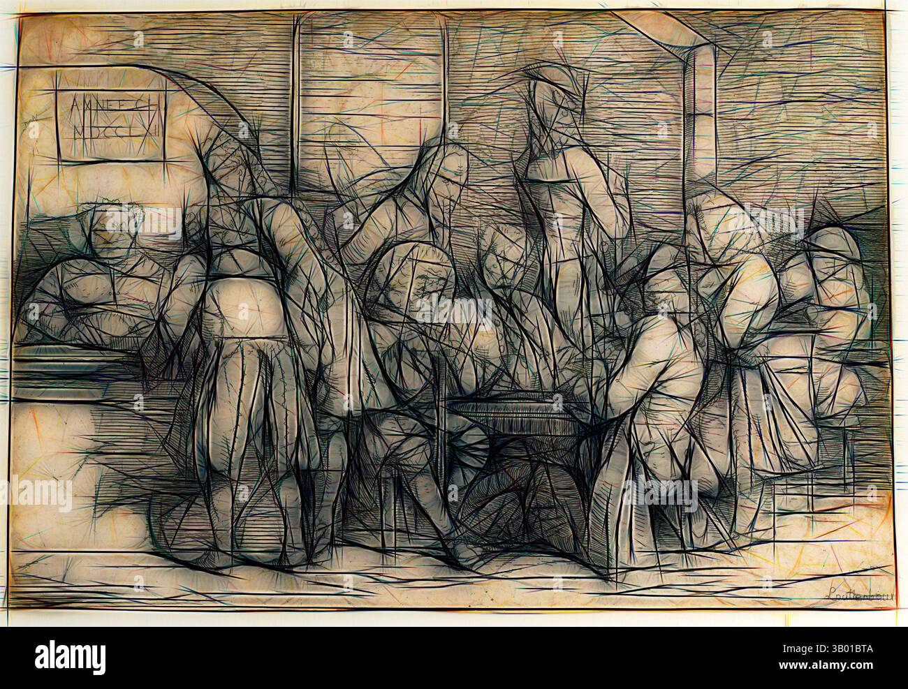 Un groupe de figures engagées dans diverses activités dans un cadre rustique, avec des lignes fortes et des formes abstraites soulignant leurs interactions et l'environnement. La scène évoque un sentiment de communauté et d'expérience partagée., Art classique avec une touche moderne réinventée par Artotop Banque D'Images
