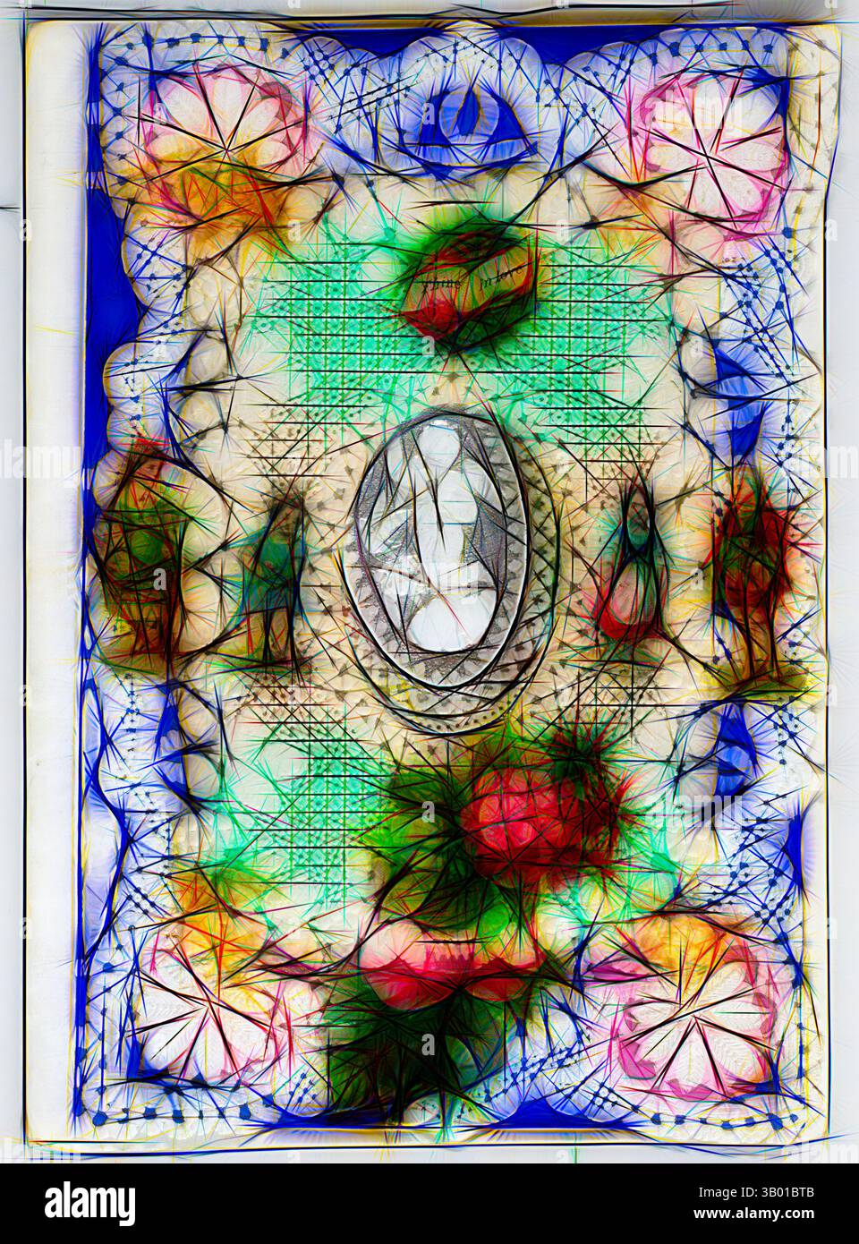 Une tapisserie vibrante avec des motifs complexes et des motifs floraux entoure une figure centrale, mélangeant diverses couleurs et textures pour créer une expérience visuelle harmonieuse., Art classique avec une touche moderne réinventée par Artotop Banque D'Images