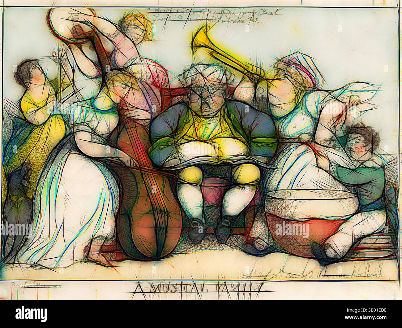 Une scène animée représentant un groupe de musiciens réunis, chacun jouant de différents instruments et contribuant à une atmosphère joyeuse. La figure centrale apparaît contemplative tout en étant entourée de membres de la famille, créant un sentiment d'harmonie et de cohésion dans leur effort musical., Art classique avec une touche moderne réinventée par Artotop Banque D'Images