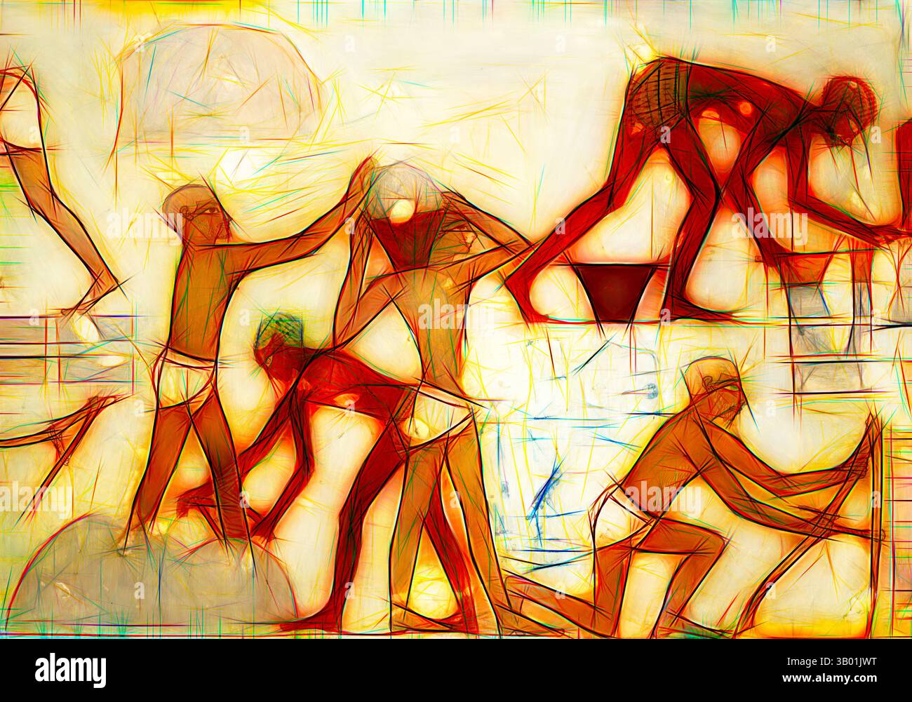 Une scène dynamique représentant des personnages engagés dans diverses activités au bord de l'eau, caractérisée par des formes abstraites et des couleurs vibrantes qui transmettent le mouvement et l'énergie., art classique avec une touche moderne réinventée par Artotop Banque D'Images