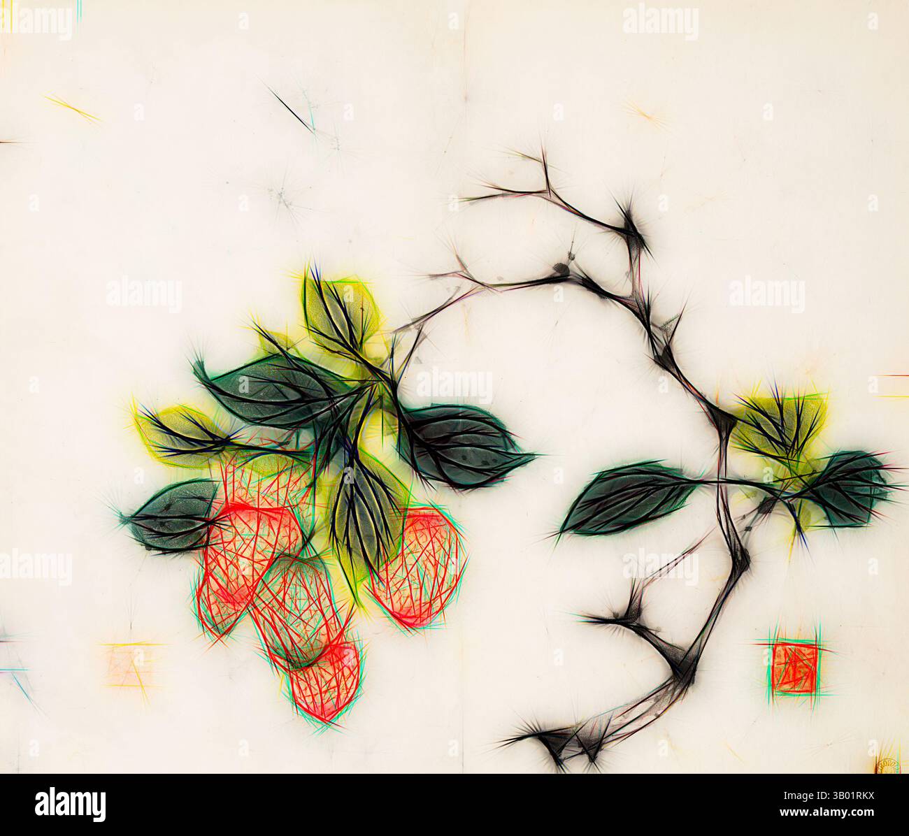 Une composition frappante comprend une branche ornée de baies vibrantes et d'épines pointues, entourée d'un jeu abstrait de couleurs et de lignes qui rehausse la beauté naturelle de la scène., Art classique avec une touche moderne réinventée par Artotop Banque D'Images Une composition frappante comprend une branche ornée de baies vibrantes et d'épines pointues, entourée d'un jeu abstrait de couleurs et de lignes qui rehausse la beauté naturelle de la scène., Art classique avec une touche moderne réinventée par Artotop Banque D'Images