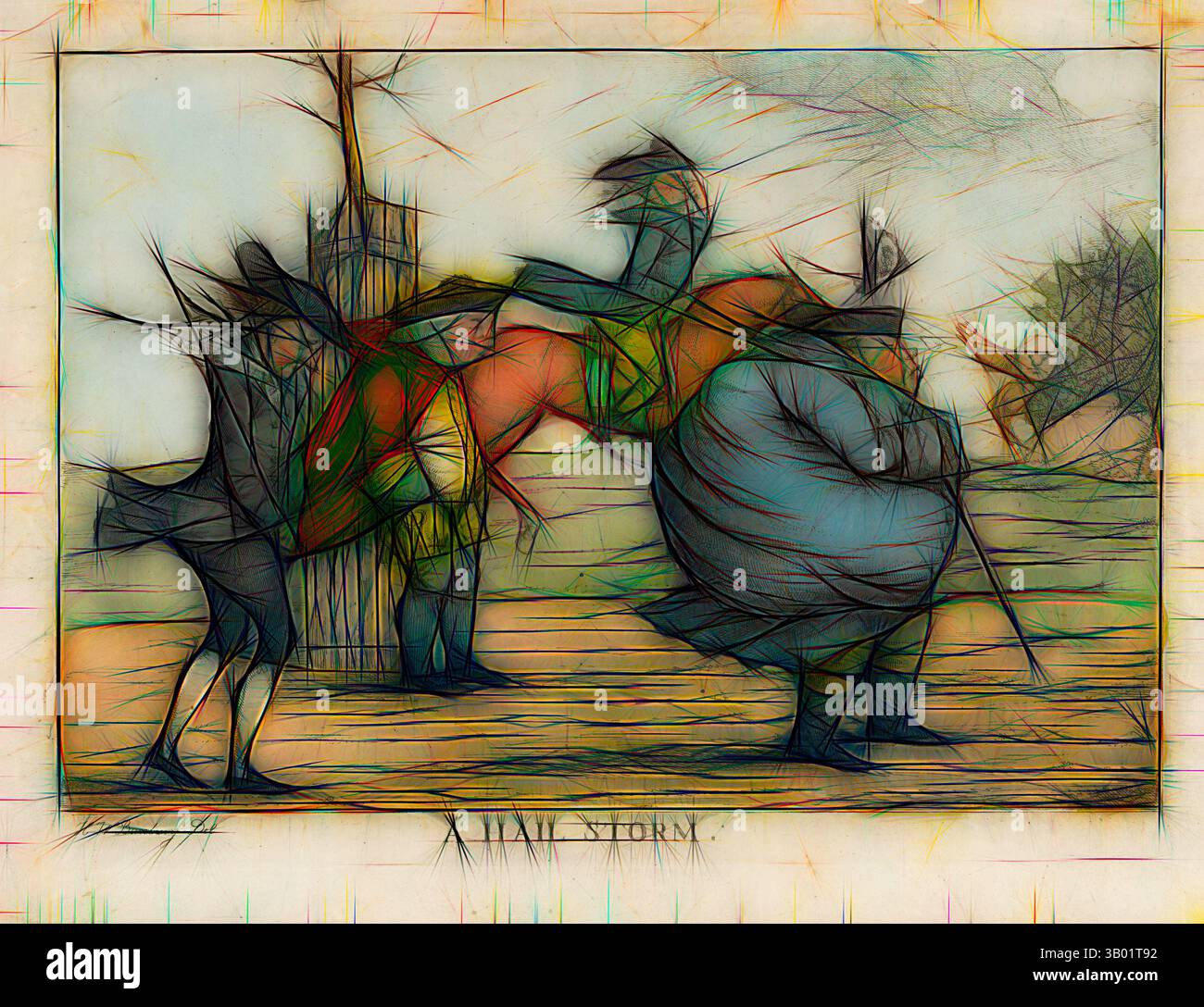 Une scène hivernale représentant des personnages en manteau bravant une tempête de neige, avec des lignes tourbillonnantes et des couleurs vibrantes suggérant mouvement et émotion au milieu du temps rude., Art classique avec une touche moderne réinventée par Artotop Banque D'Images