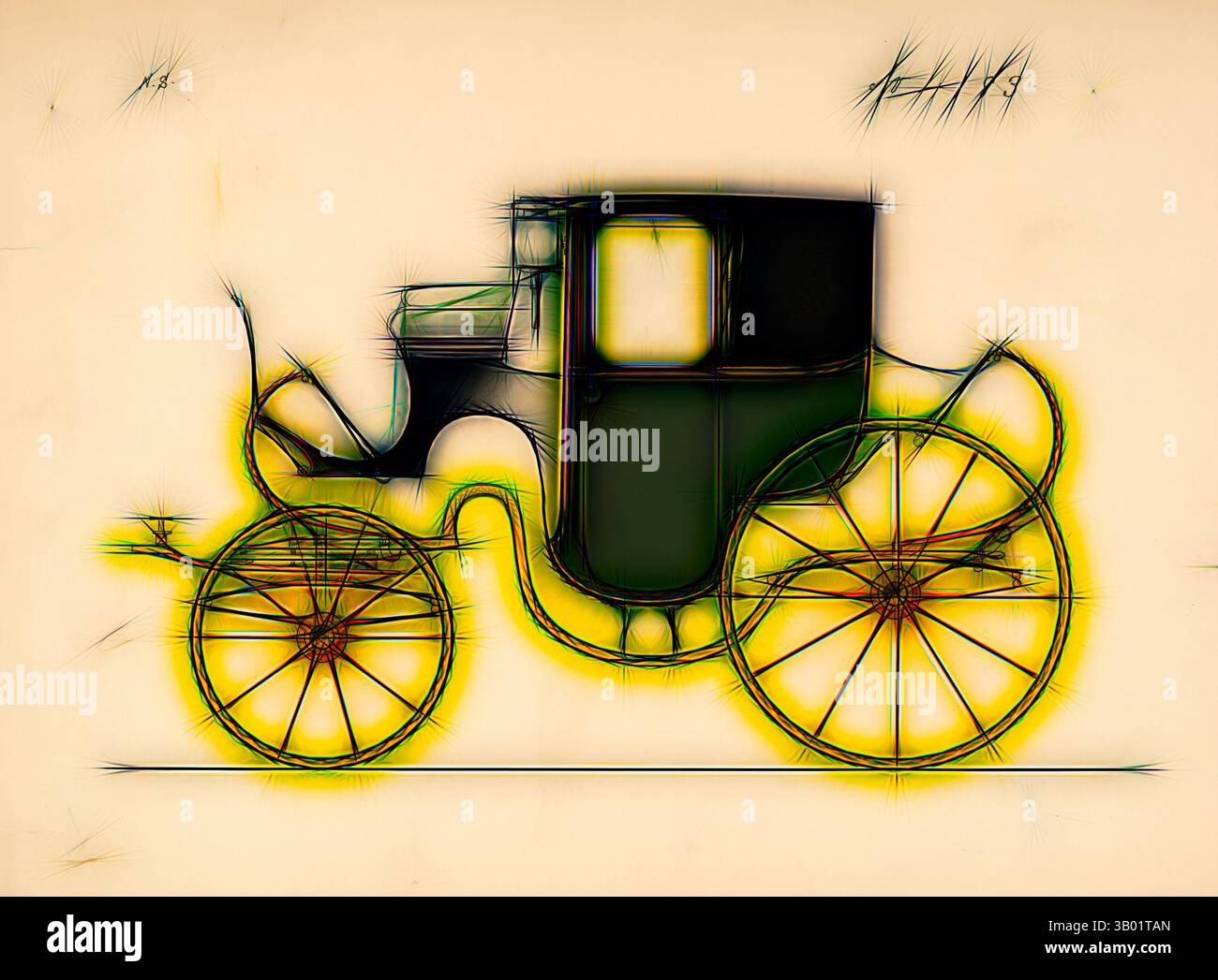 Un chariot vintage avec des roues élégantes, avec une forme distinctive et des éléments de design ornés illuminés par des contours vibrants., Art classique avec une touche moderne réinventée par Artotop Banque D'Images