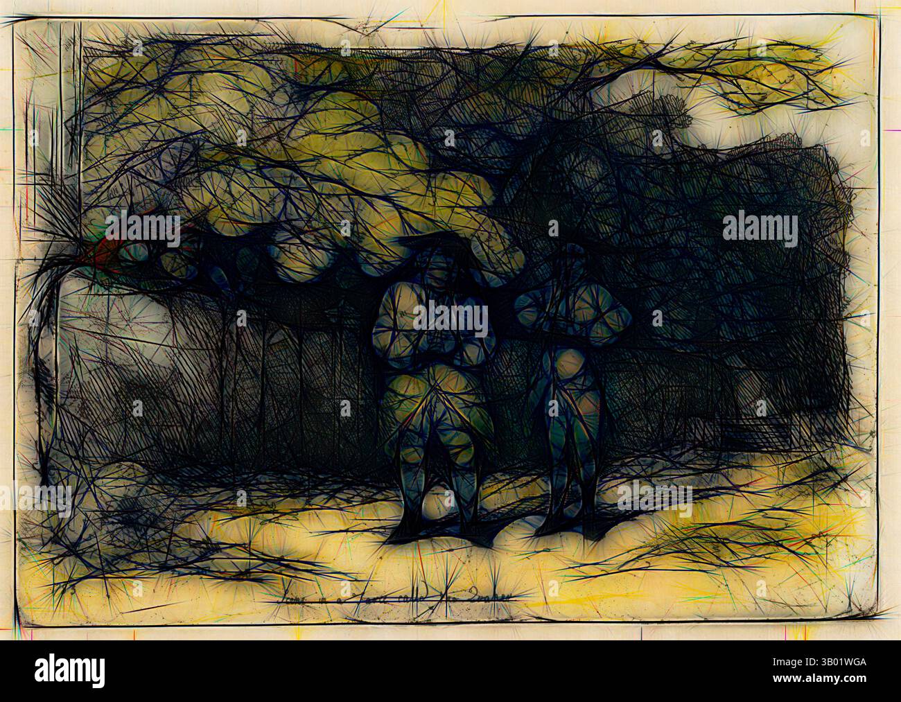Deux personnages se tiennent ensemble dans un paysage boisé, entourés de lignes tourbillonnantes abstraites et de motifs texturés qui créent une atmosphère onirique. Les arbres se dessinent au-dessus de vous, ajoutant de la profondeur et un sens du mystère à la scène., Art classique avec une touche moderne réinventée par Artotop Banque D'Images