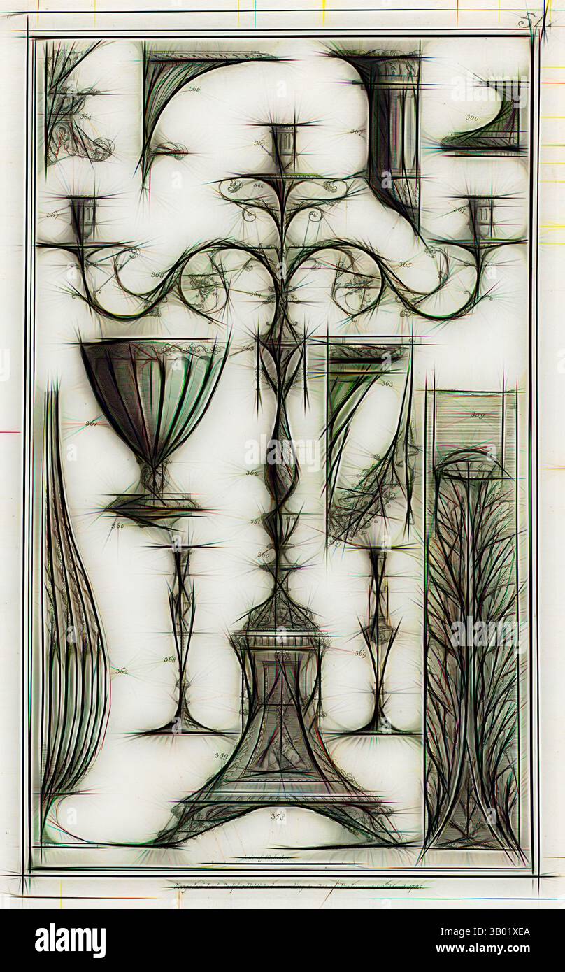 Une composition abstraite présentant des lignes et des formes entrelacées, ressemblant à un mélange de formes organiques et géométriques. Le design comprend des éléments comme un motif fleuri, des gobelets et du feuillage stylisé, créant une sensation de profondeur et de mouvement dans la mise en page structurée., Art classique avec une touche moderne réinventée par Artotop Banque D'Images