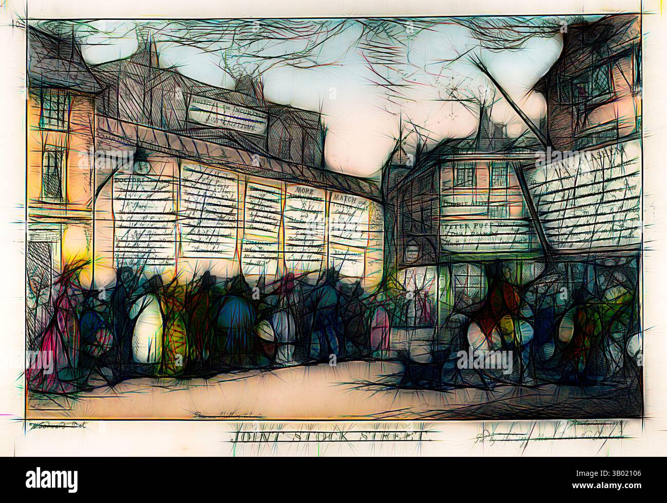 Une scène de rue animée remplie de figures animées et de devantures complexes, ornée de signes et de textures vibrants. L'atmosphère transmet un sentiment de communauté, avec des gens engagés dans la conversation et l'activité au milieu de l'architecture charmante., art classique avec une touche moderne réinventée par Artotop Banque D'Images