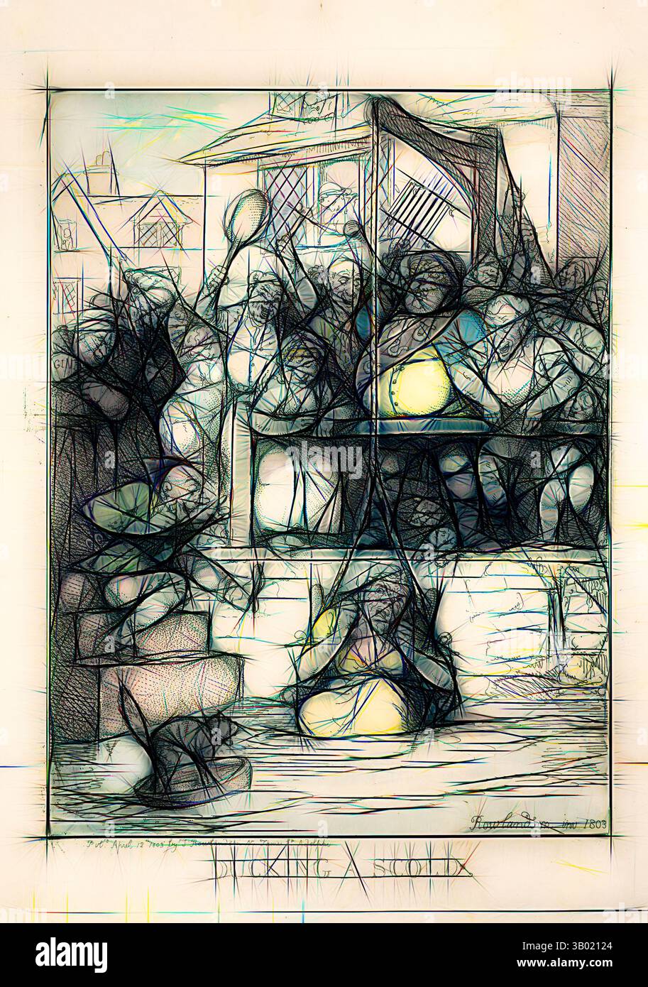 Une foule de figures abstraites est regroupée, véhiculant un sentiment de communauté et d'expérience partagée. La scène capture un moment de contemplation profonde, avec diverses poses et expressions faisant allusion à des histoires individuelles dans un environnement collectif., Art classique avec une touche moderne réinventée par Artotop Banque D'Images