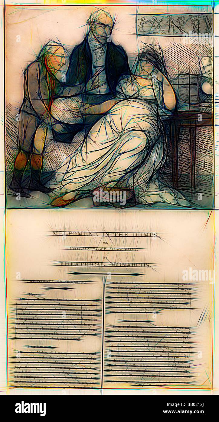 Une scène représentant un moment historique avec trois personnages : deux hommes s'occupant d'une femme qui semble en détresse, entourés d'instruments médicaux et d'un livre. Le cadre transmet un sentiment d'urgence et de soin, mettant en évidence les thèmes de la santé et du soutien. Le texte ci-dessous fournit un contexte ou des informations liées à la scène., Art classique avec une touche moderne réinventée par Artotop Banque D'Images