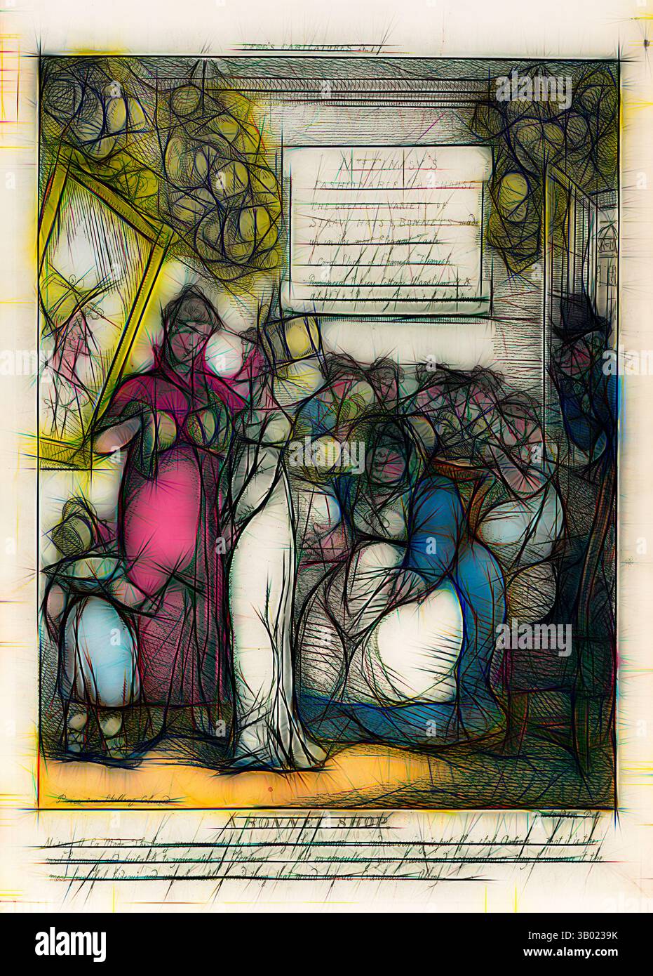 Un groupe de figures élégamment habillées interagit dans un cadre intérieur stylisé, entouré d'éléments décoratifs. La scène transmet un sentiment de communauté et de conversation, avec des couleurs vibrantes et des lignes expressives améliorant l'atmosphère., Art classique avec une touche moderne réinventée par Artotop Banque D'Images