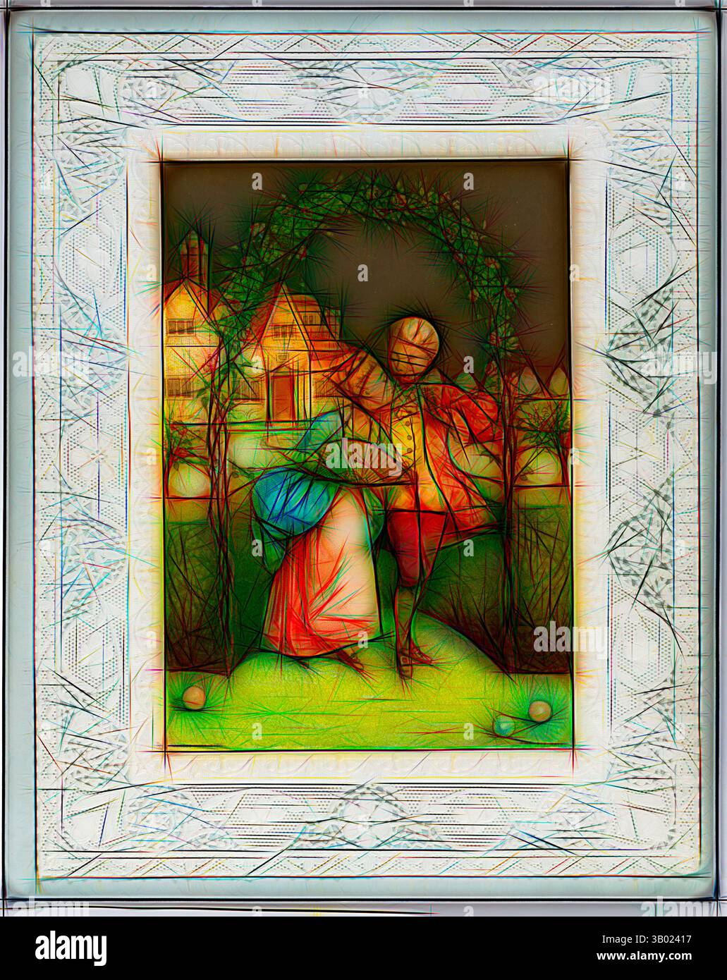 Une scène fantaisiste représentant un couple dansant sous un arc de verdure, entouré de maisons pittoresques et d'une flore vibrante, évoquant un sentiment de romance et de joie., art classique avec une touche moderne réinventée par Artotop Banque D'Images